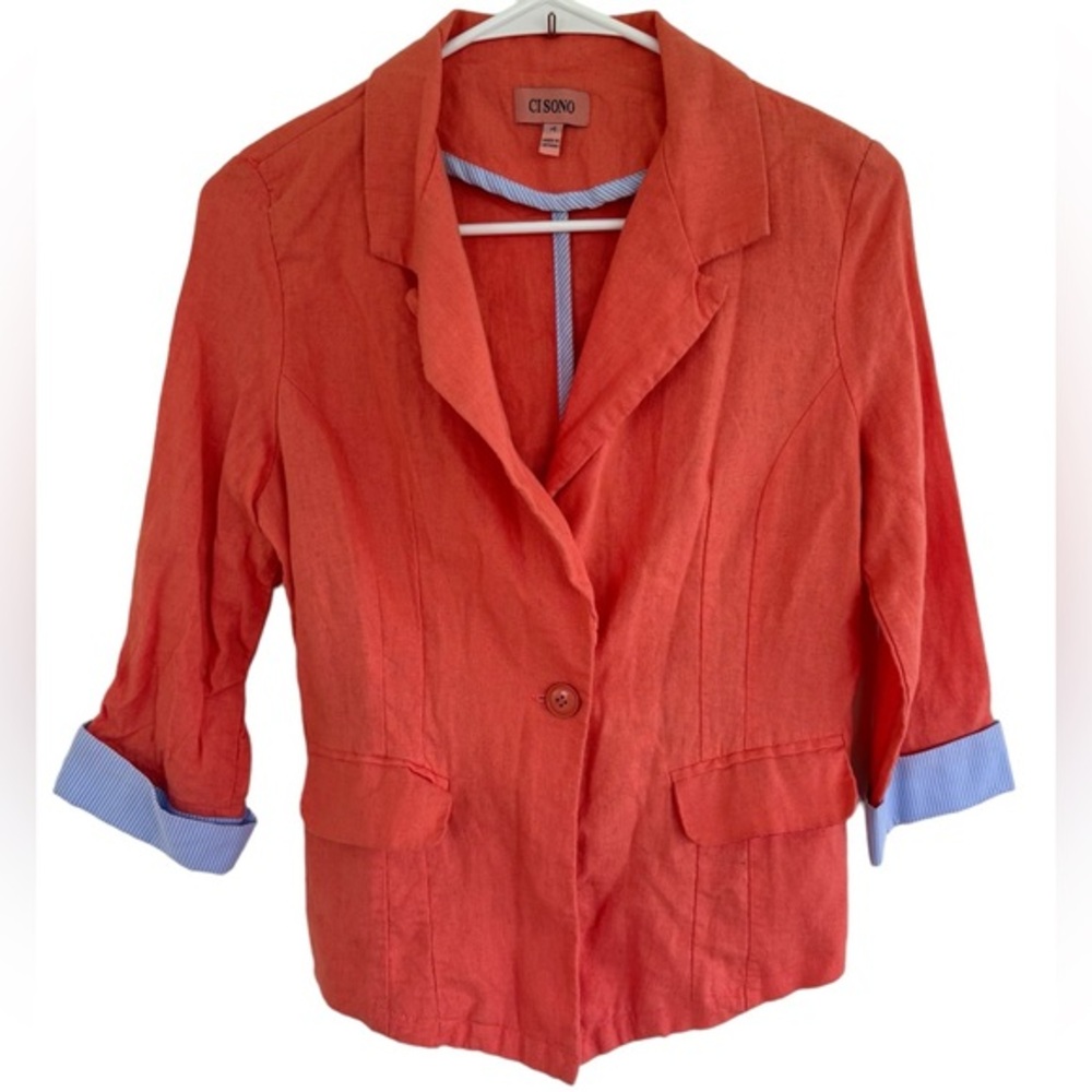 Ci Sono Women's Coral Linen Blend Blazer Blue/White Stripe Cuffs Size Small